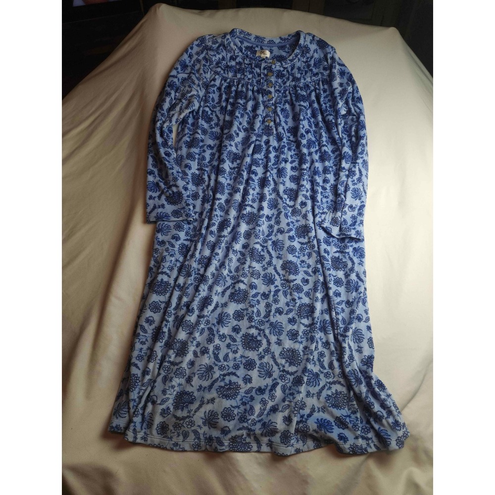Aria Collection Blue Floral Long Sleeve Nightgown Recycled Fleece Sleep Dress L